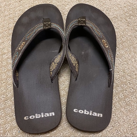 Cobain Brown Flip Flops w/ Turquoise Embroidery - Picture 4 of 7